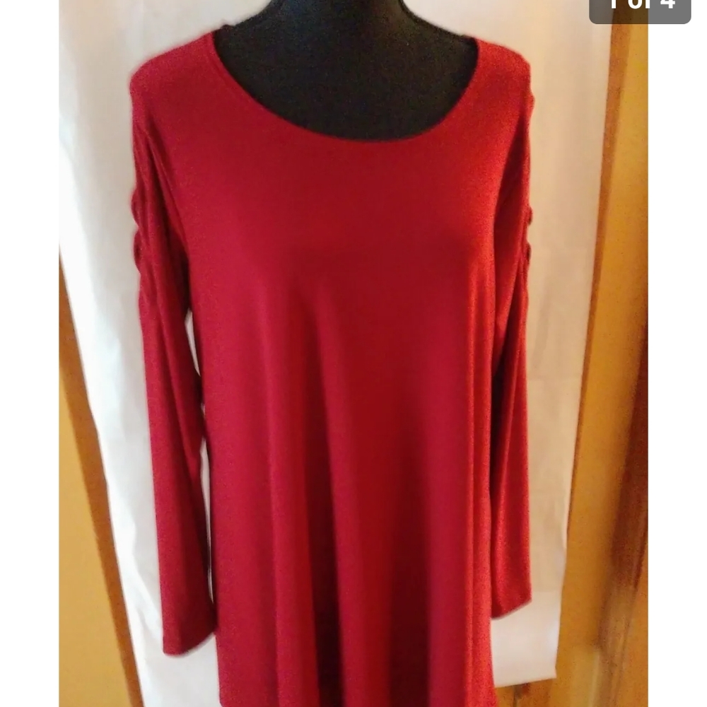Sympli Zig Zag Sleeve Tunic Top with Long Sleeves Size 12 Rich Deep Red Color
